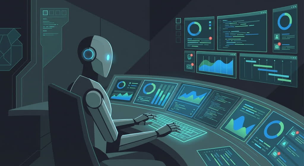 Robot at a control panel with many screens