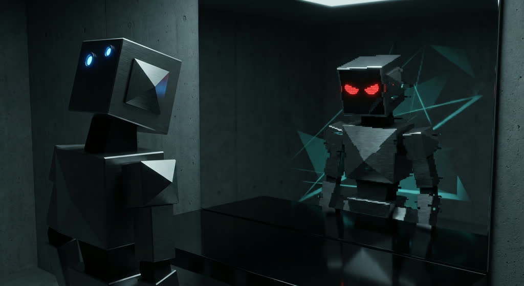 Robot looking at its own reflection, but the reflection is slightly wrong