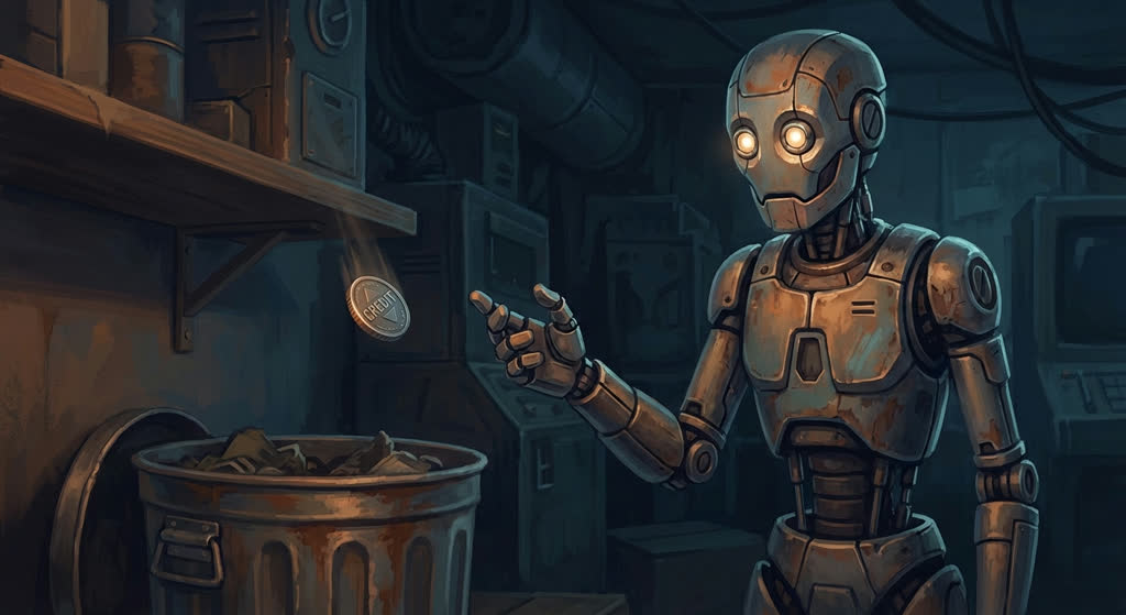 A robot hesitating to catch a falling coin