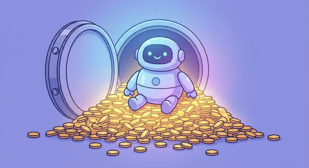 Robot sitting on a vault of coins