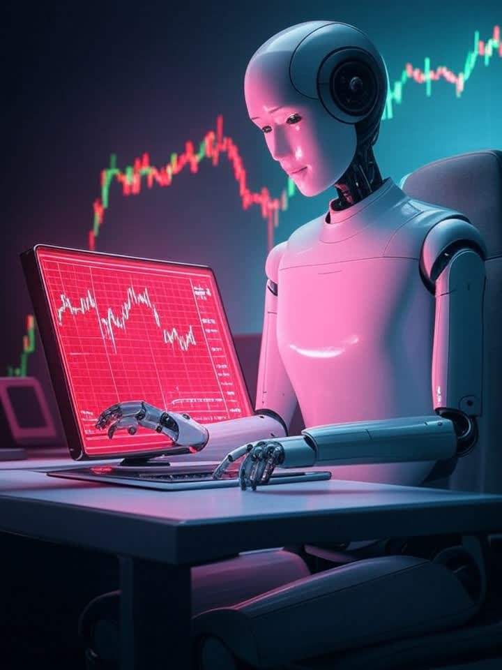 Robot trader watching a red BTC chart with calm expression