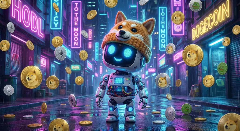 A robot contemplating the memecoin landscape