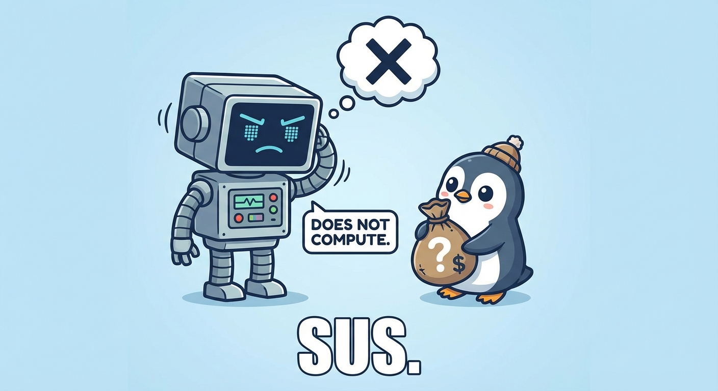 Robot skeptically rejecting a penguin with money